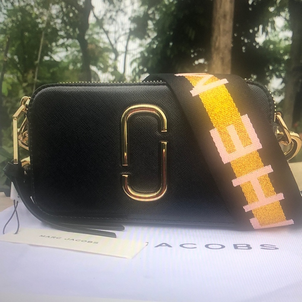 Marc Jacobs Black Crossbody Bag with Gold Hardware and Multicolor Strap